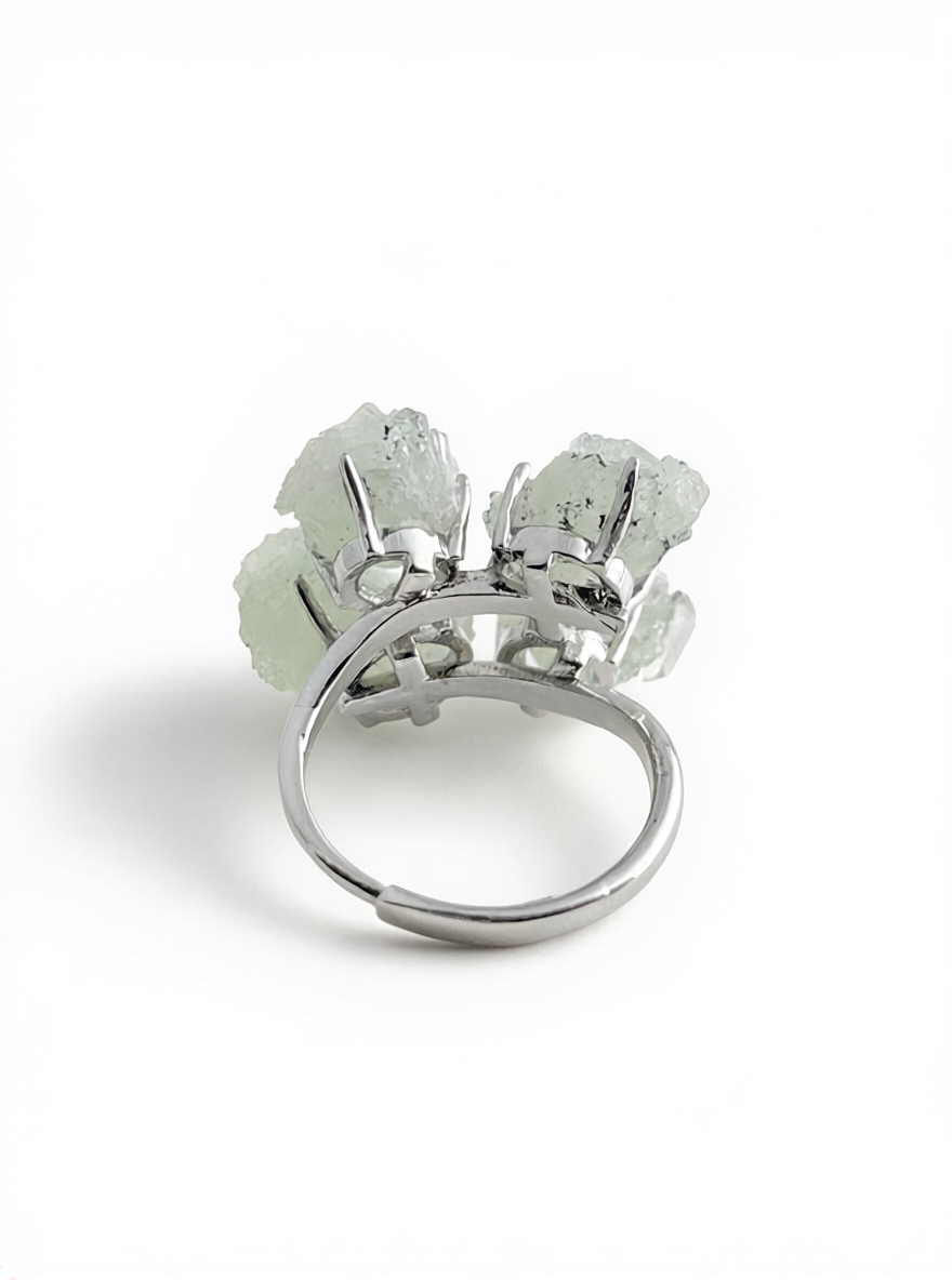 Back view of Green Prehnite, Quartz and Magnetite Mineral Specimen Ring with adjustable open band