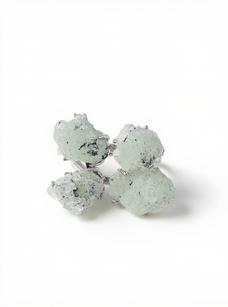 Green Prehnite, Quartz and Magnetite Mineral Specimen Ring front view with natural pale green prehnite clusters