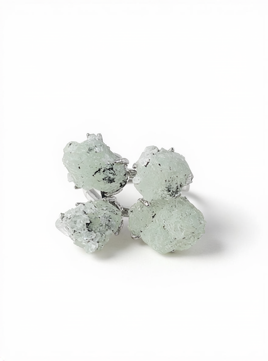 Green Prehnite, Quartz and Magnetite Mineral Specimen Ring front view with natural pale green prehnite clusters