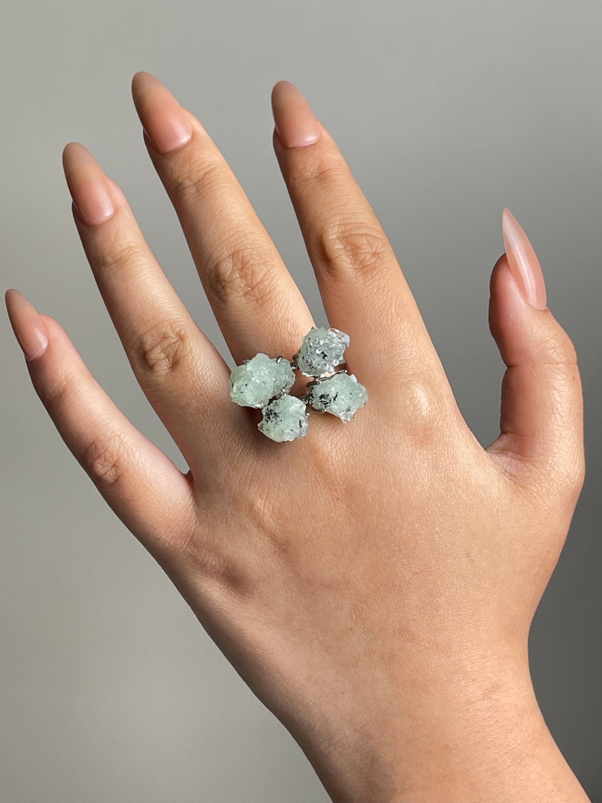 Green Prehnite, Quartz and Magnetite Mineral Specimen Ring worn on hand featuring natural three-mineral formation