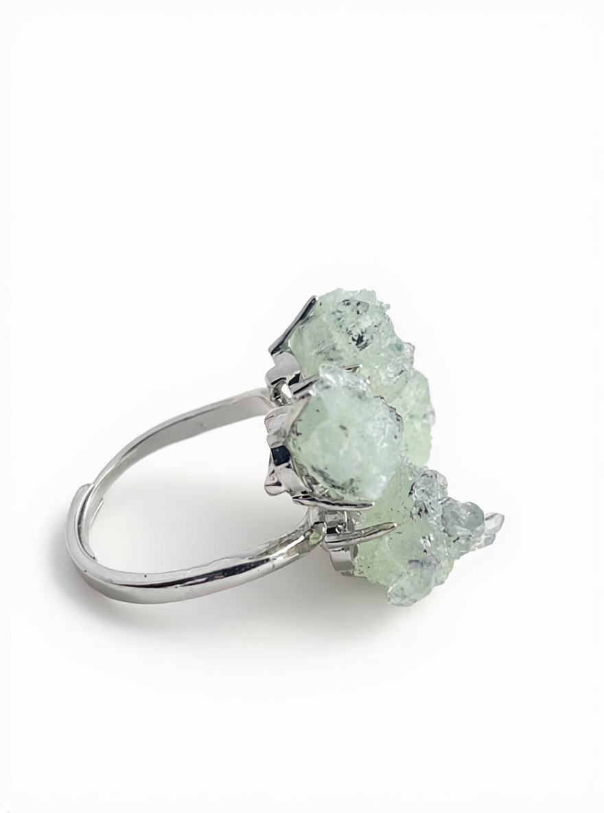 Side view of Green Prehnite, Quartz and Magnetite Mineral Specimen Ring showing dimensional mineral growth