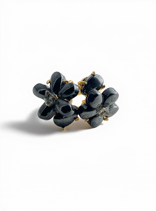 hematite crystal blossom ring with herkimer diamond quartz