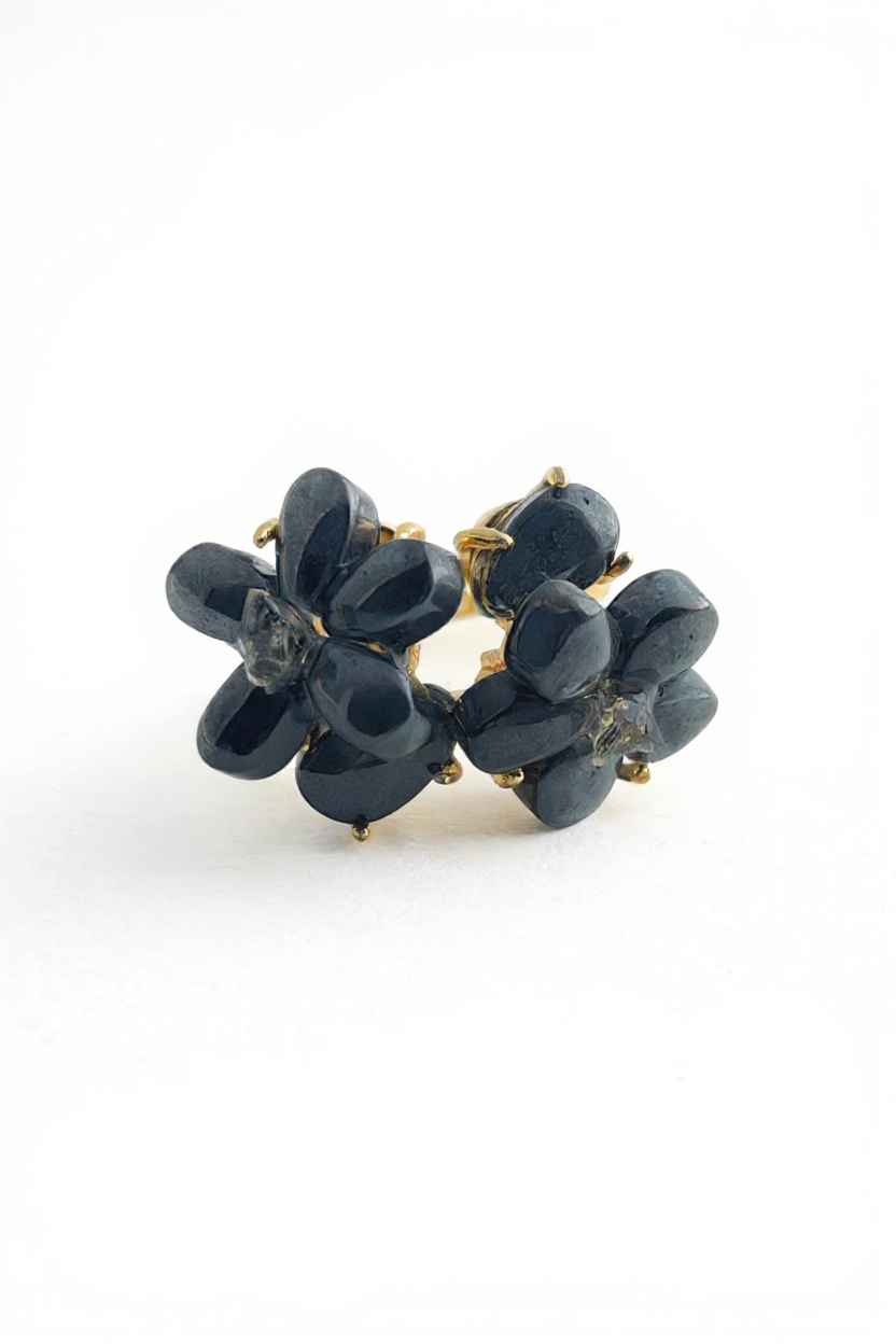 hematite crystal blossom ring with herkimer diamond quartz