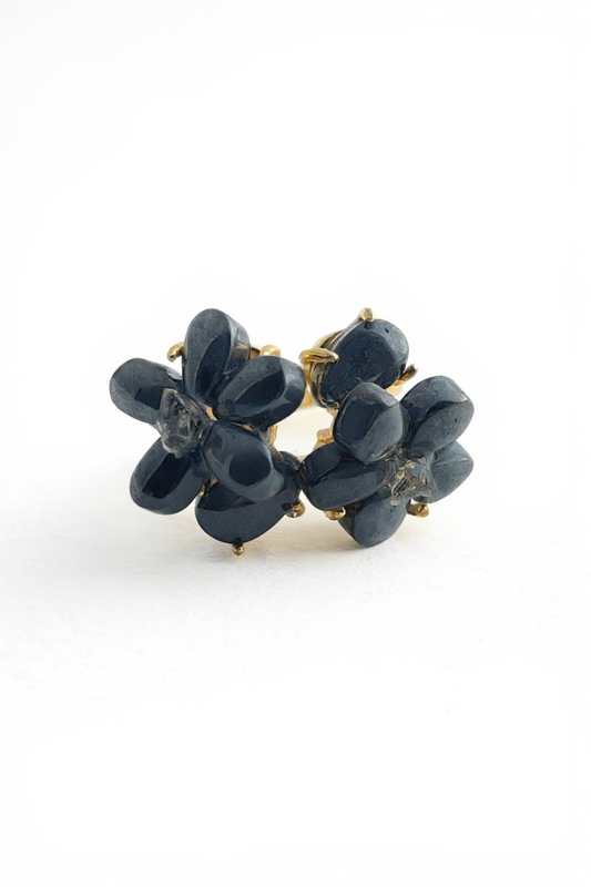 hematite crystal blossom ring with herkimer diamond quartz