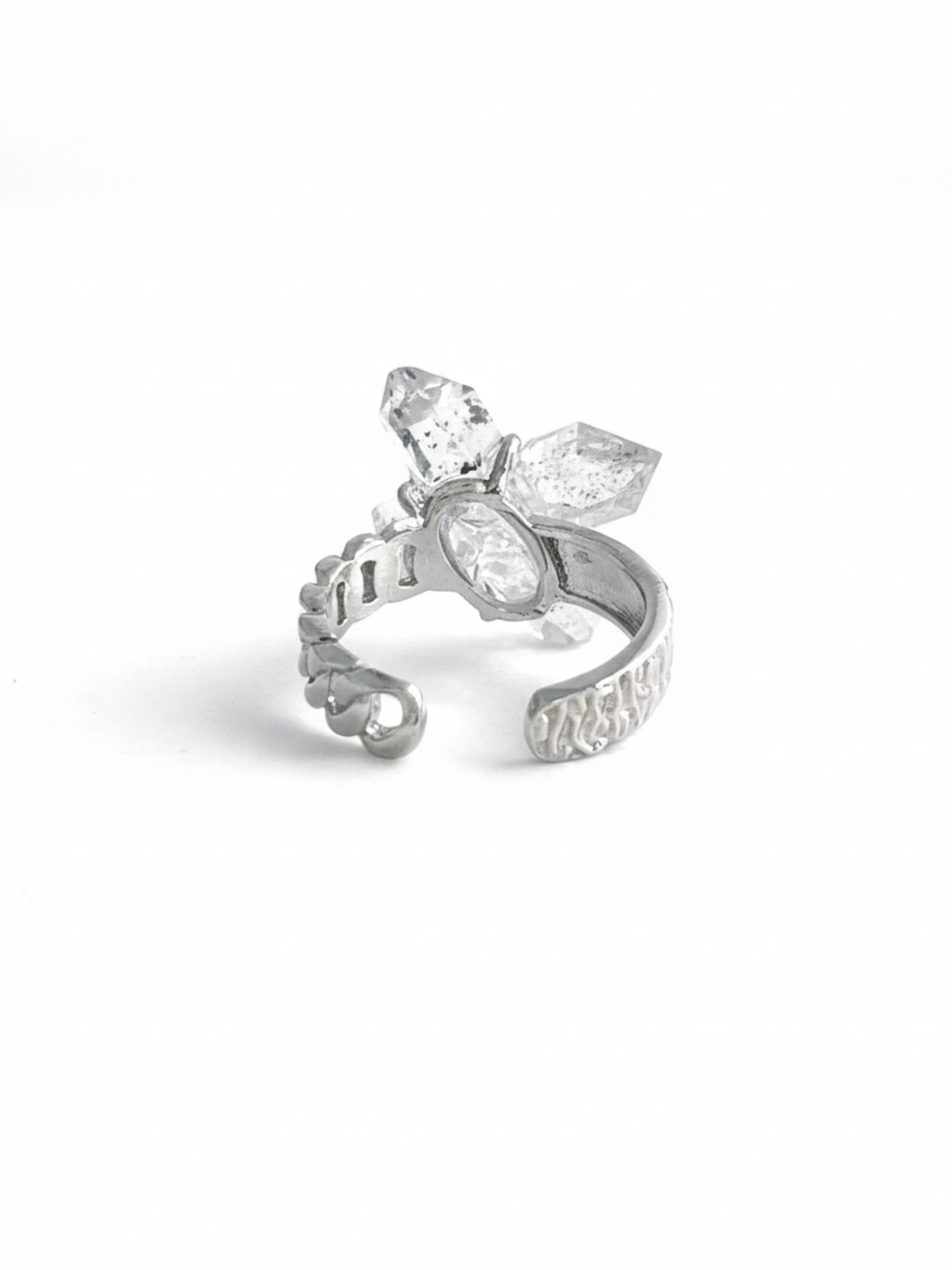 back view of Herkimer Diamond Quartz Cross Ring with raw crystal structure