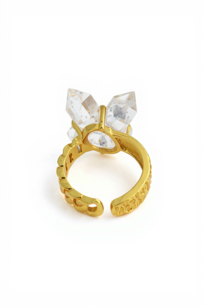 back view of Herkimer Diamond Quartz Cross Ring with raw crystal structure