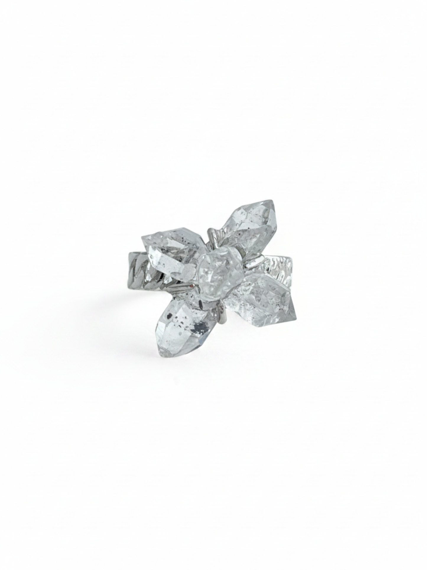 Natural Herkimer Diamond quartz cross ring with raw double-terminated crystals