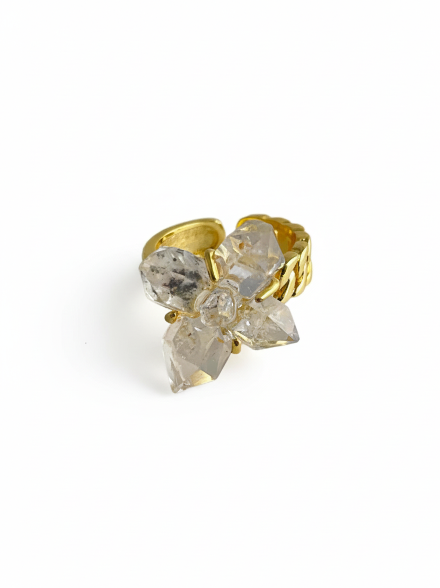 Natural Herkimer Diamond quartz cross ring with raw double-terminated crystals