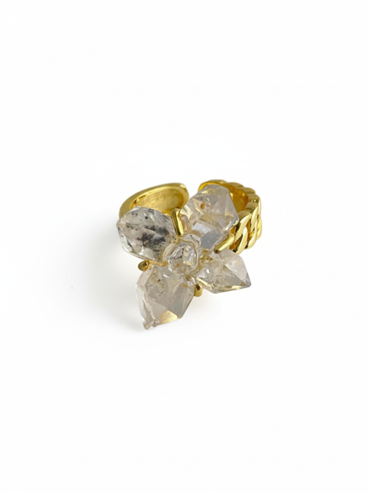 Natural Herkimer Diamond quartz cross ring with raw double-terminated crystals