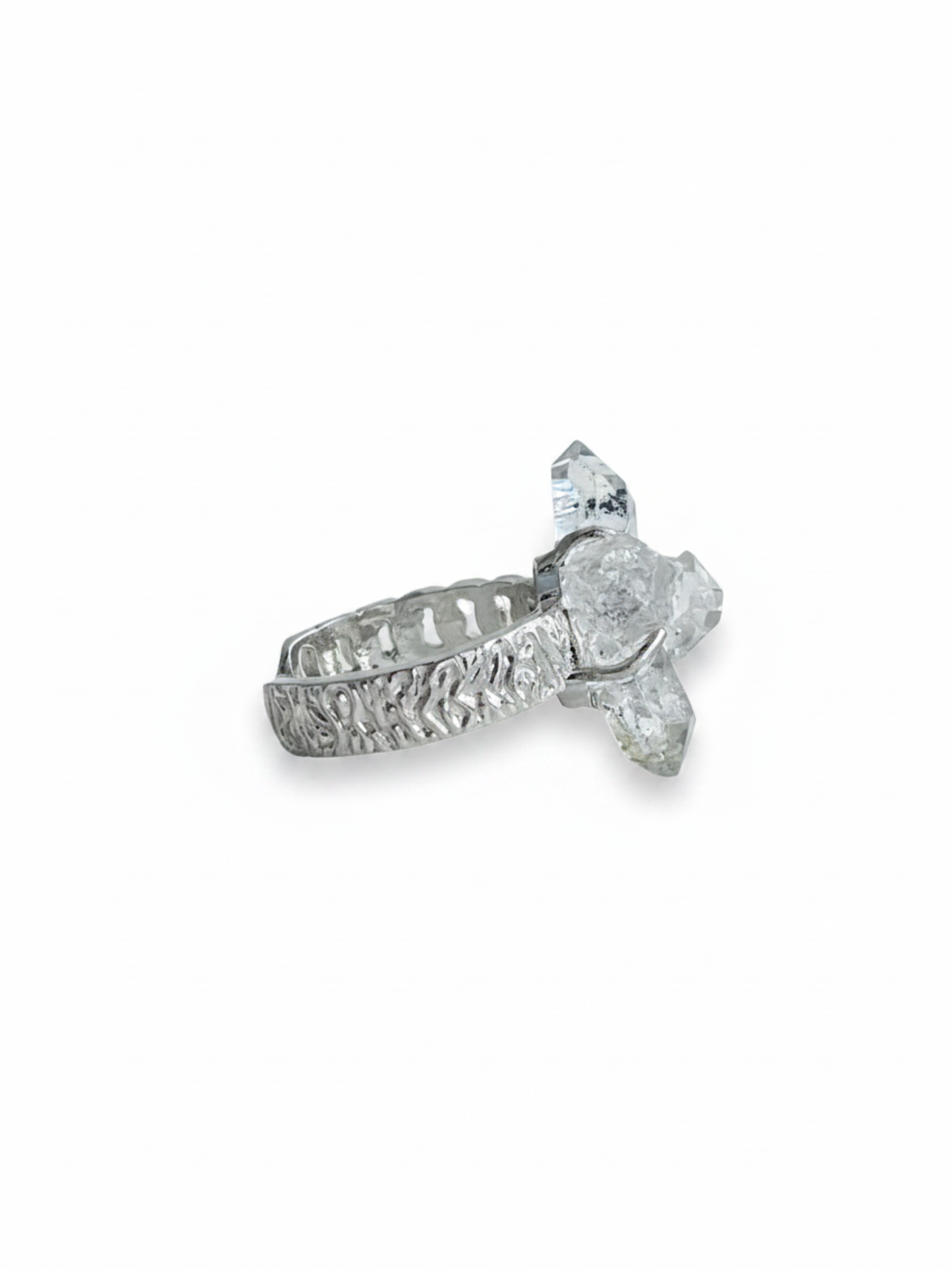 Side view of Herkimer Diamond Quartz Cross Ring with raw crystal structure