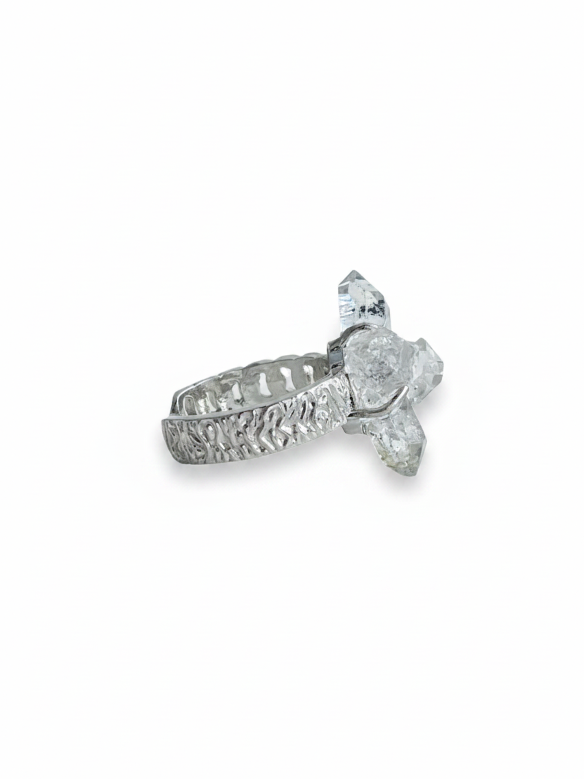 Side view of Herkimer Diamond Quartz Cross Ring with raw crystal structure