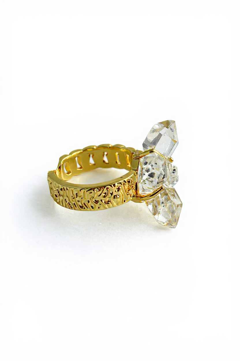 Side view of Herkimer Diamond Quartz Cross Ring with raw crystal structure