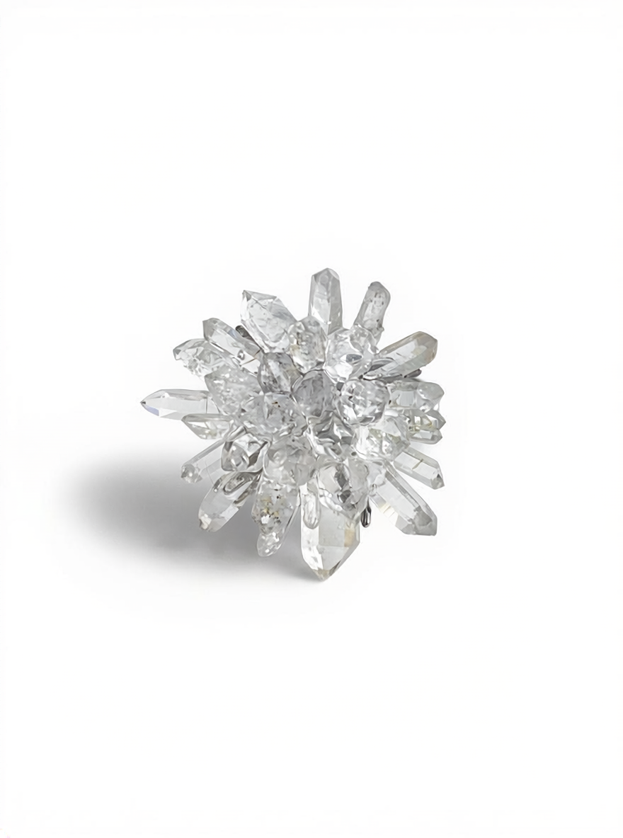 Herkimer Diamond Quartz and Lemurian Quartz Flower Ring front view with hand-set crystal flower design