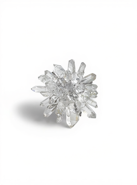 Herkimer Diamond Quartz and Lemurian Quartz Flower Ring front view with hand-set crystal flower design