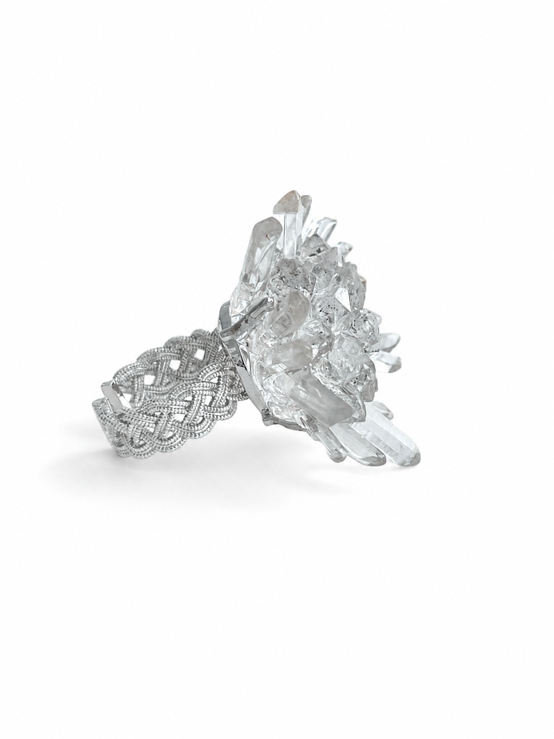 Side view of Herkimer Diamond Quartz and Lemurian Quartz Flower Ring showing dimensional crystal arrangement
