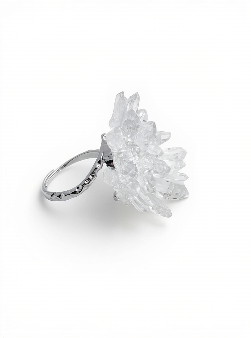 Side view of Herkimer Diamond Quartz and Lemurian Quartz Flower Ring showing dimensional crystal arrangement