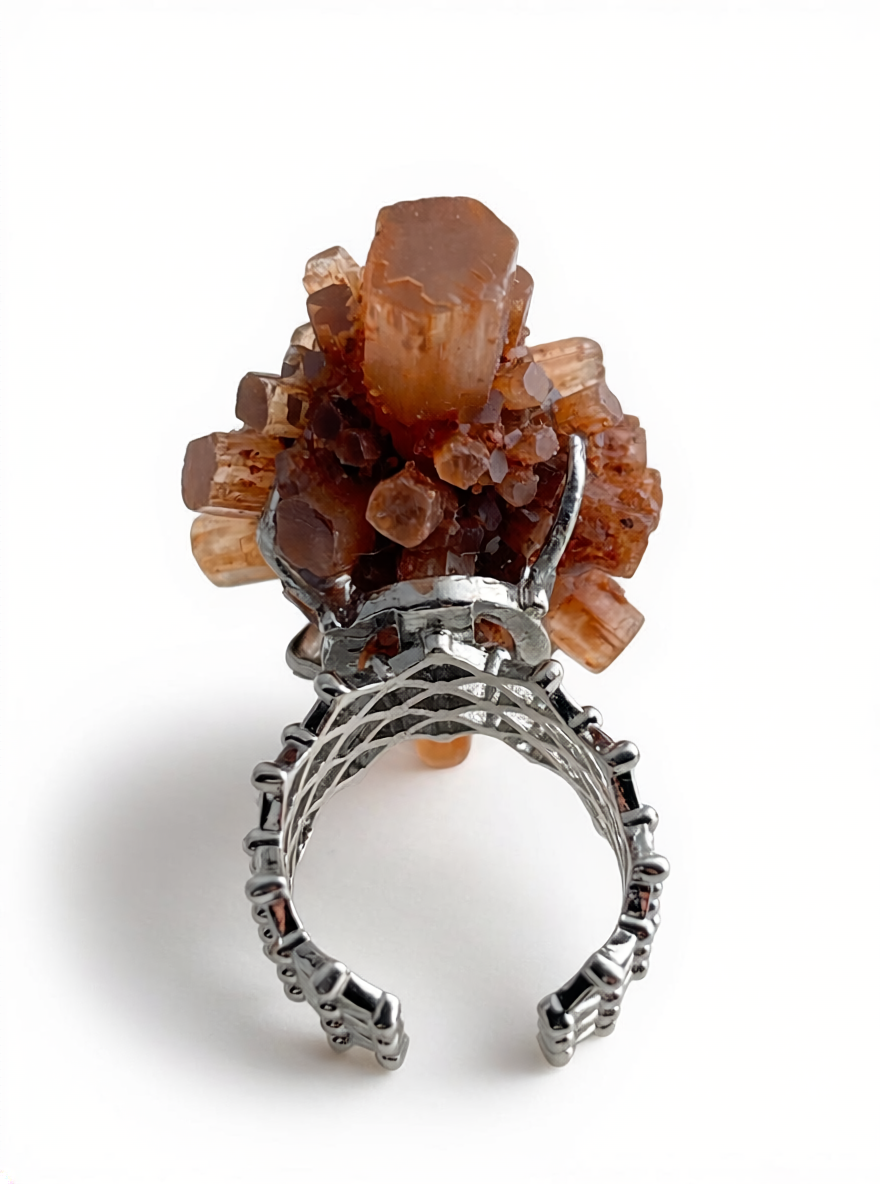 Back view of Moroccan Aragonite Mineral Specimen Ring with adjustable open band