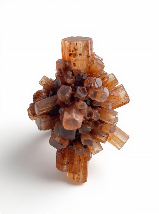 Moroccan Aragonite Mineral Specimen Ring front view with natural radiating crystal cluster