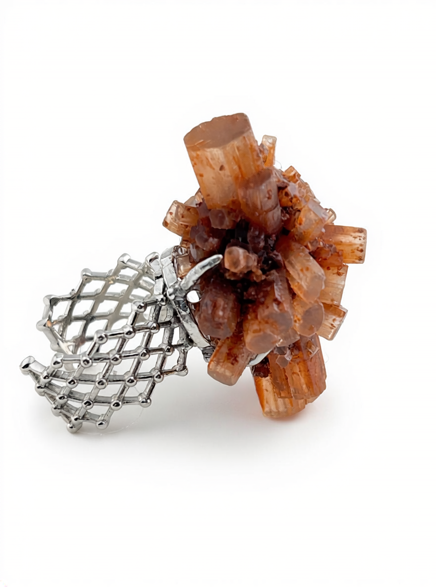 Side view of Moroccan Aragonite Mineral Specimen Ring showing the dimensional crystal structure