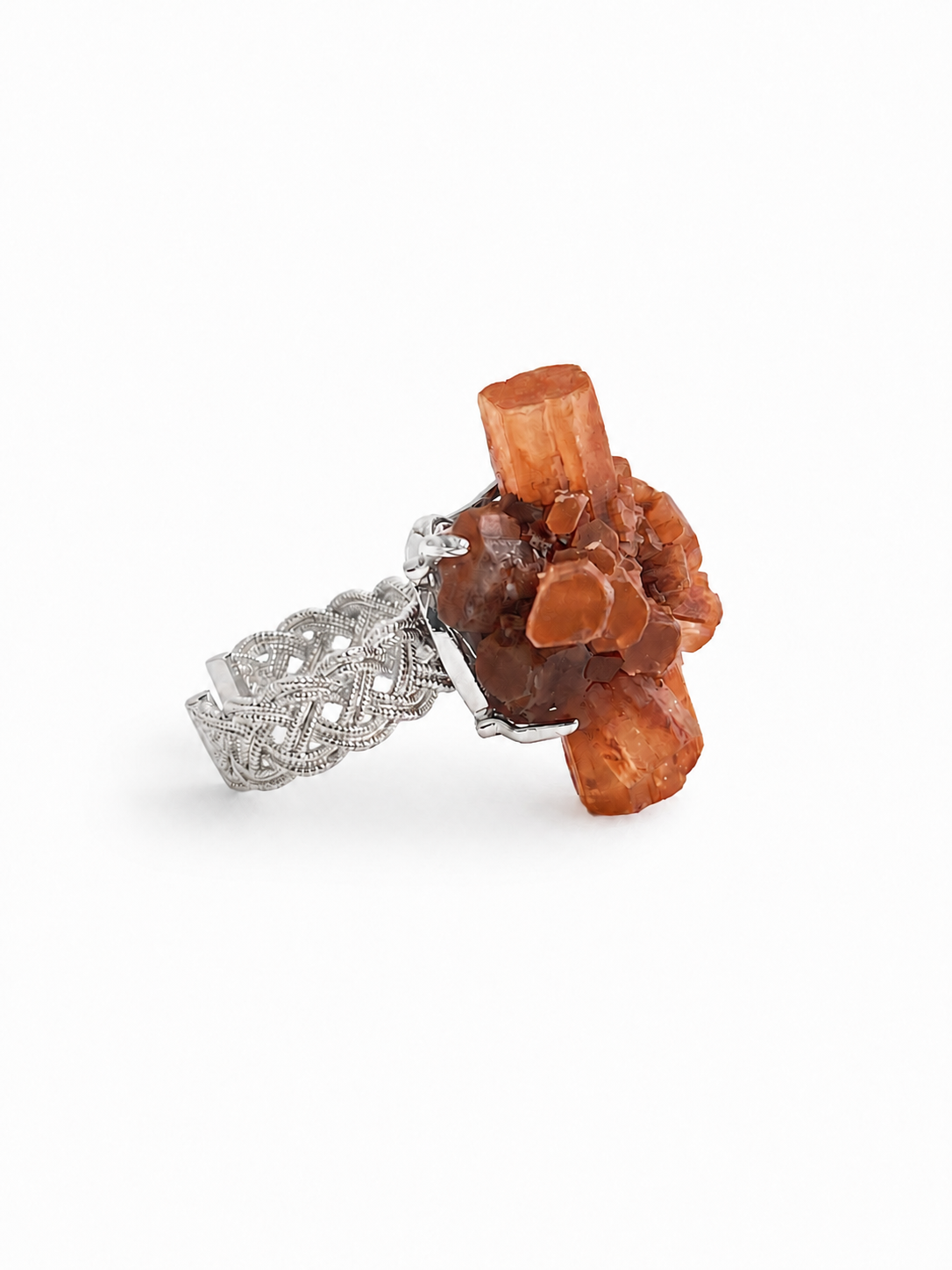 Side view of Moroccan Aragonite Mineral Specimen Ring showing the dimensional crystal structure