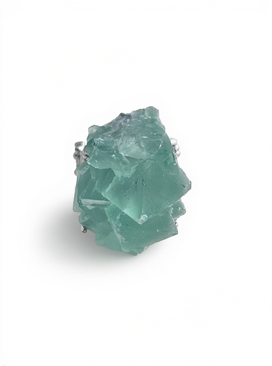 natural octahedral green fluorite crystal ring