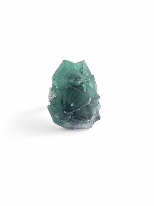 natural octahedral green fluorite crystal ring