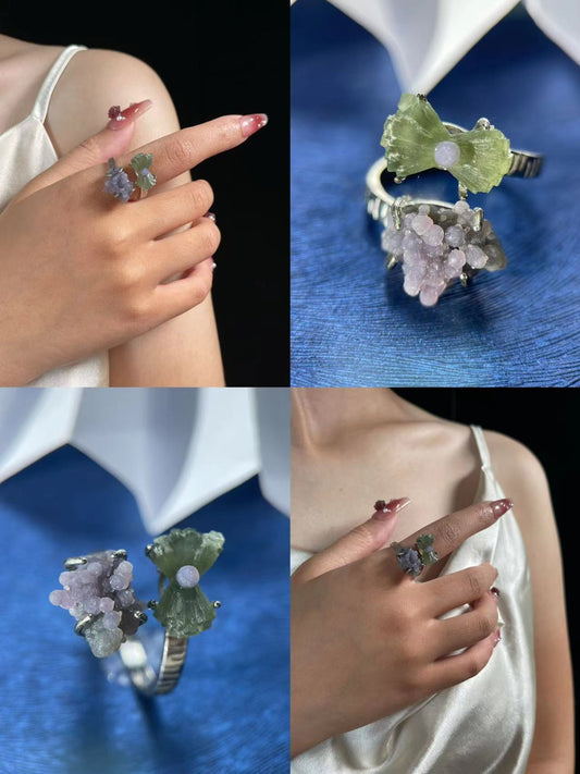 Double Raw Prehnite & Grape Chalcedony Ring