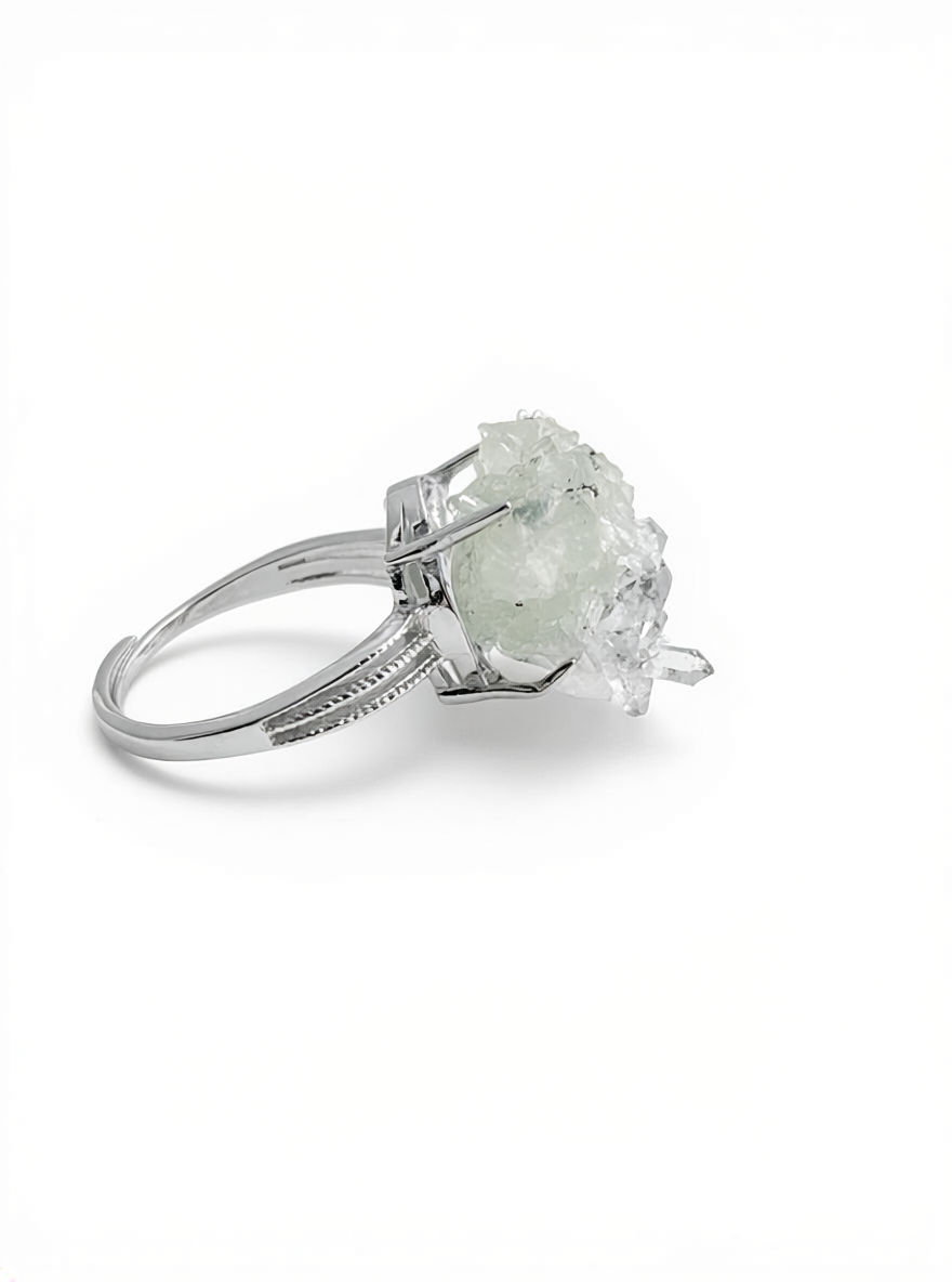 prehnite quartz magnetite ring side view silver band