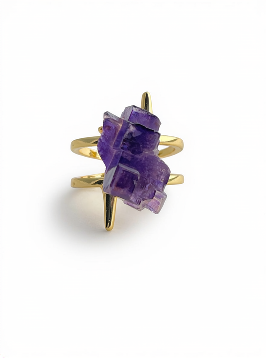 natural purple cubic fluorite crystal ring