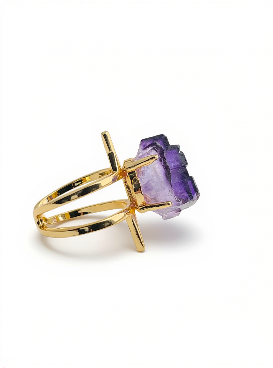 side view purple fluorite crystal ring