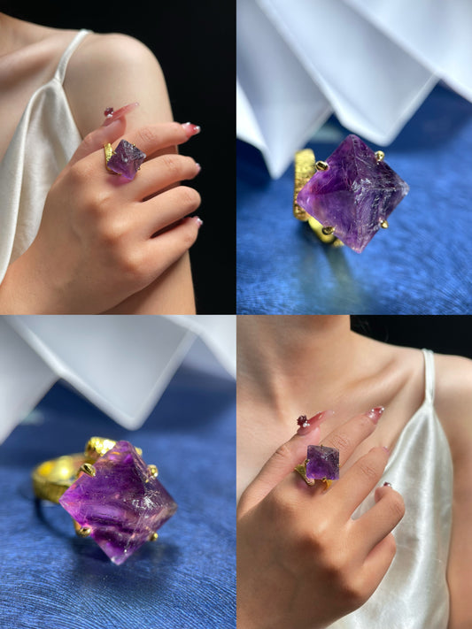 Octahedral Amethyst Fluorite Ring