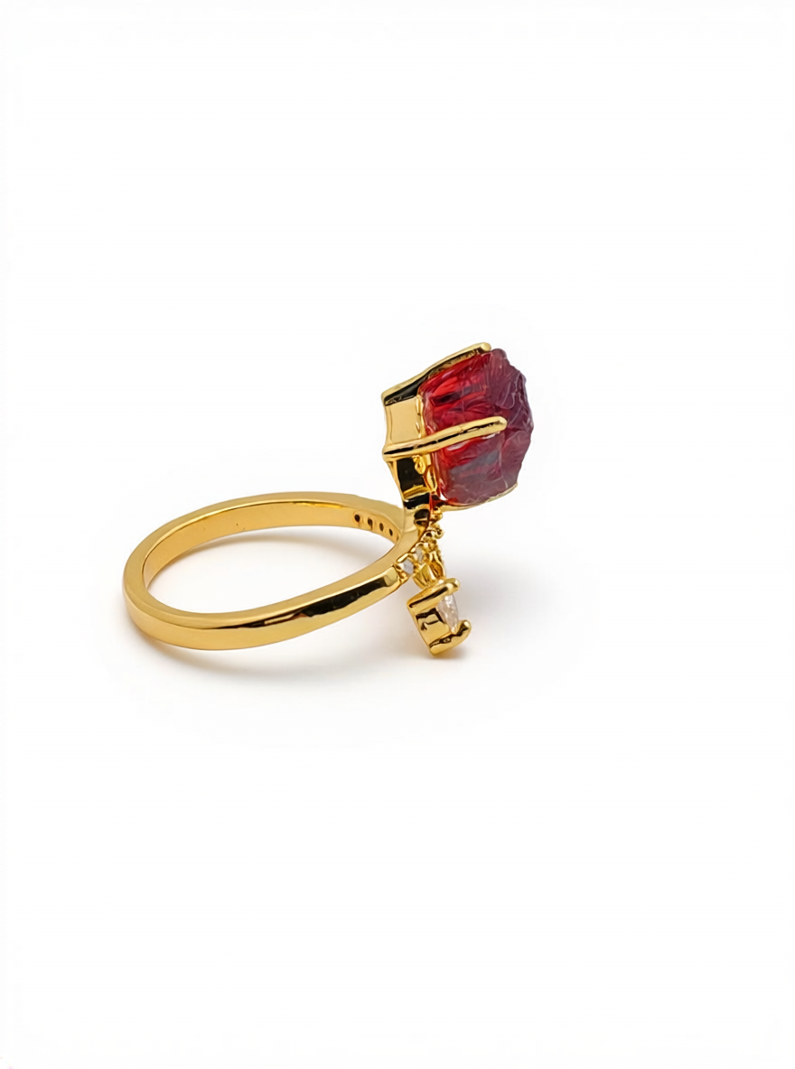raw garnet ring side view gold band
