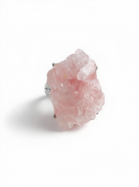 Natural Strawberry Quartz Crystal Ring featuring raw pink quartz formation