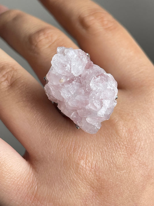 Close-up hand shot of Strawberry Quartz Crystal Ring showing natural pink quartz structure
