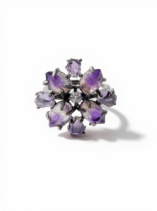super seven and amethyst crystal blossom ring