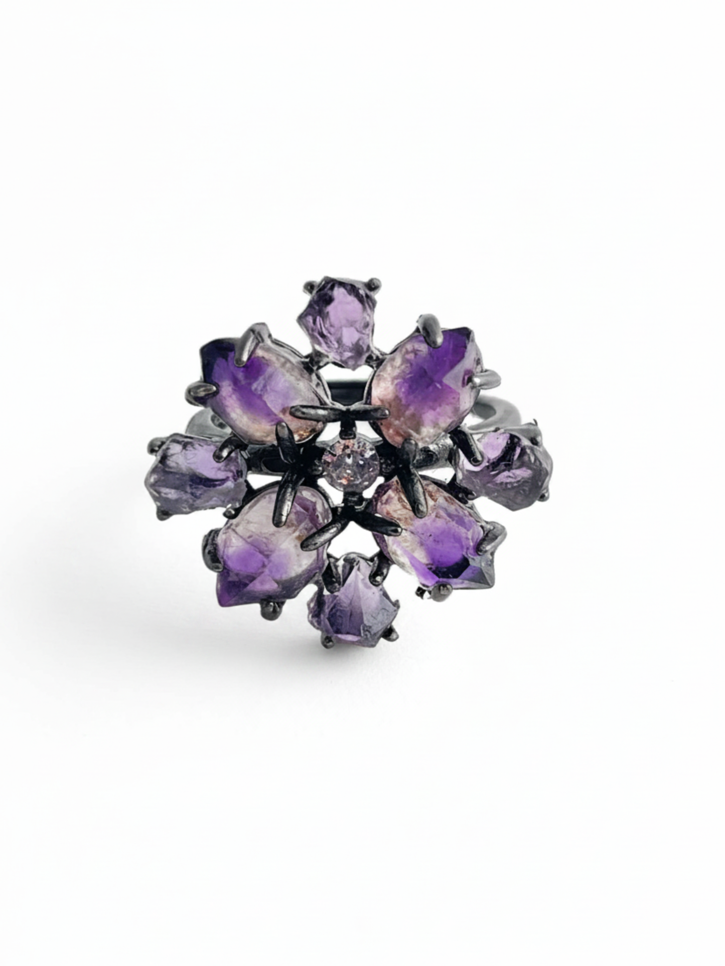 super seven and amethyst crystal blossom ring