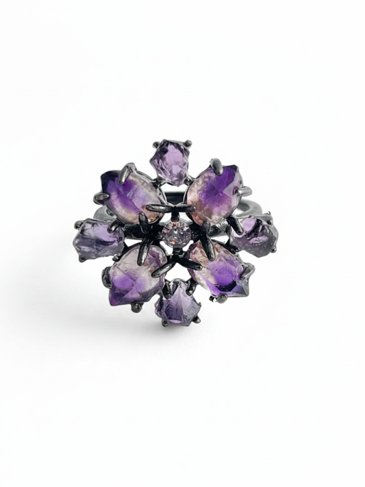 super seven and amethyst crystal blossom ring