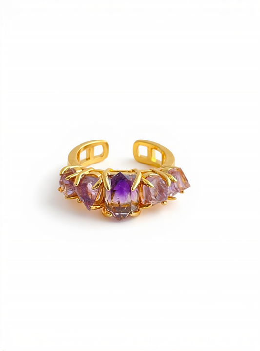super seven crystal and raw amethyst row ring