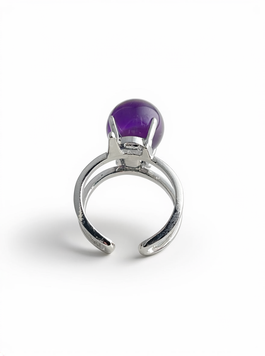 Back view of Uruguay Amethyst Sphere Ring with adjustable open band