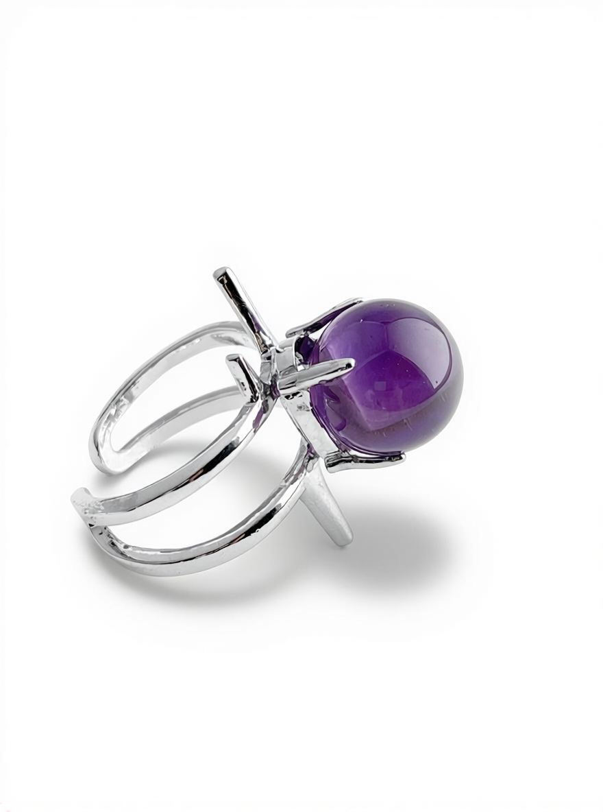 Side view of Uruguay Amethyst Sphere Ring showing polished amethyst sphere