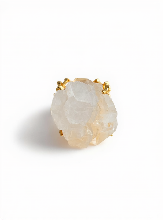 White Pagoda Calcite Ring featuring natural stacked calcite crystal formation