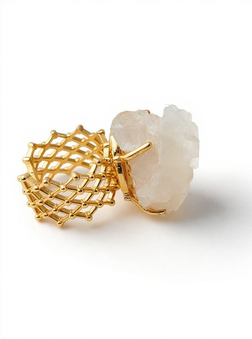 Side view of White Pagoda Calcite Ring showing natural calcite crystal layers