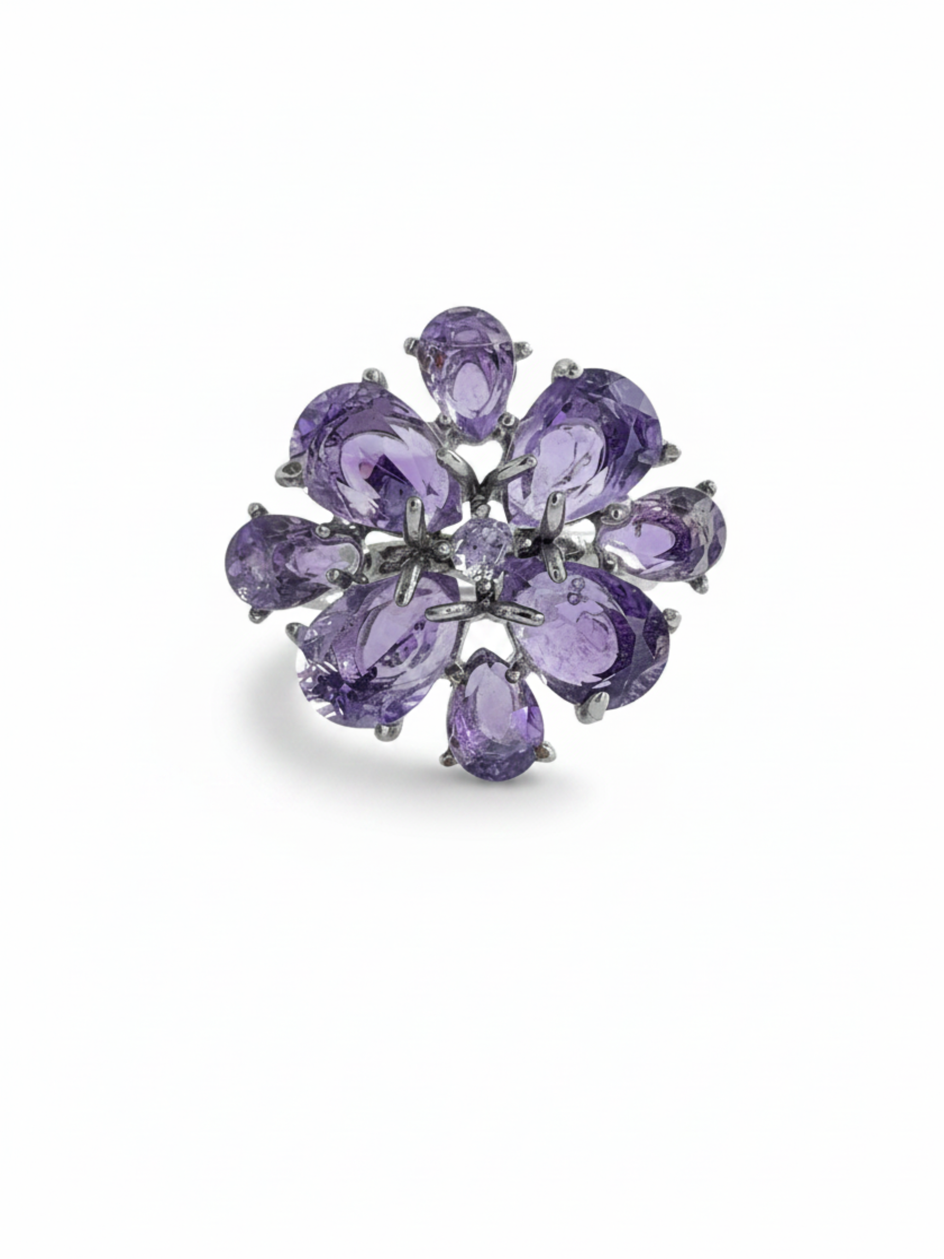 Pear-cut amethyst snowflake ring with faceted Brazilian amethyst stones in a silver-tone setting