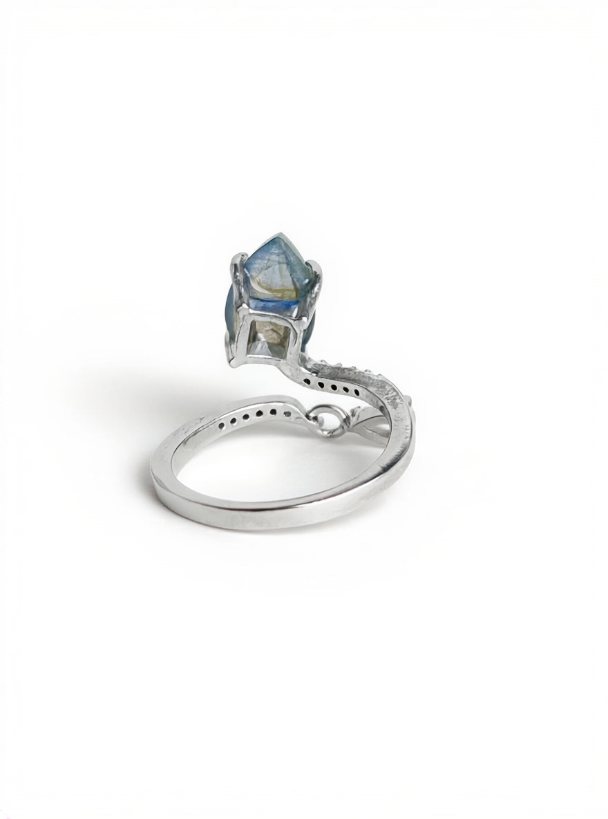 Back view of pear cut Labradorite open ring from India with open adjustable band