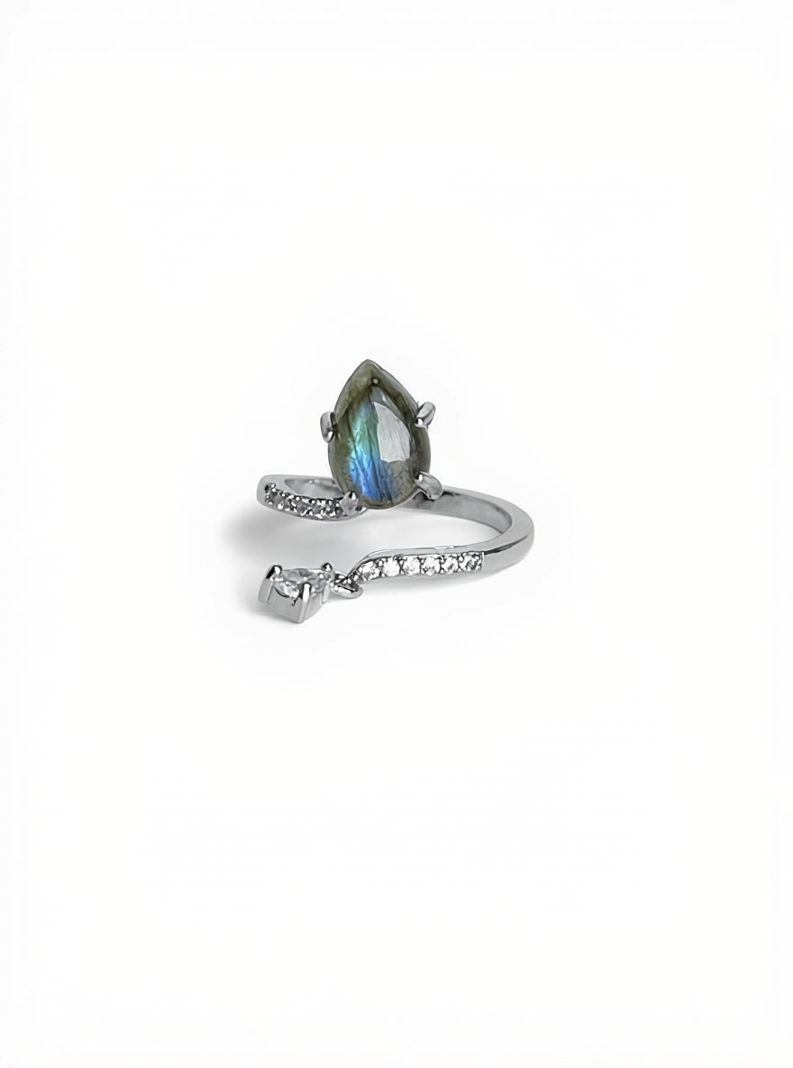Pear cut Labradorite open ring from India with blue labradorescence and pavé-style band detail