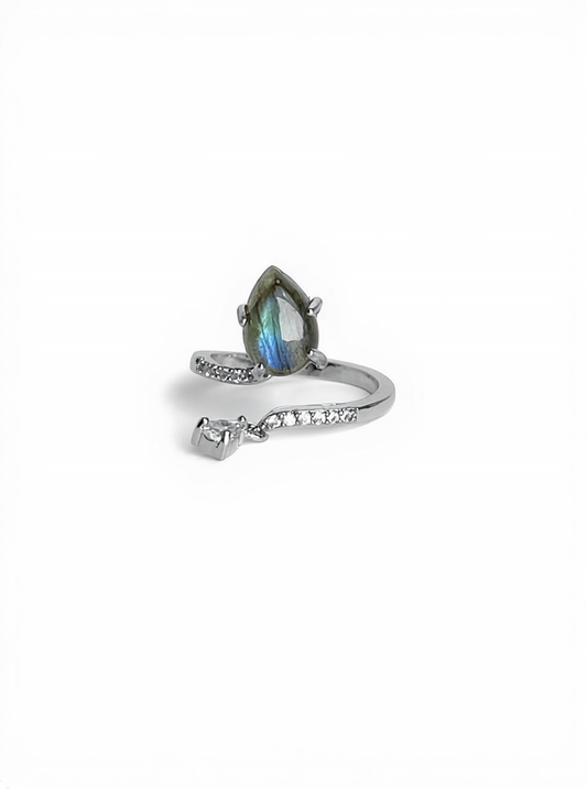 Pear cut Labradorite open ring from India with blue labradorescence and pavé-style band detail