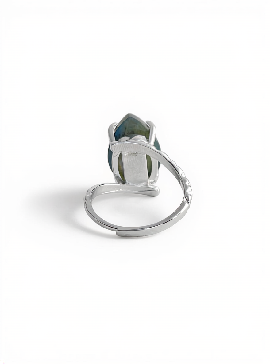 Back view of pear cut Labradorite ring from India in adjustable open band setting