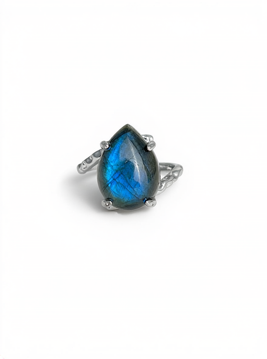 Pear cut Labradorite ring with vivid blue flash from India, front view