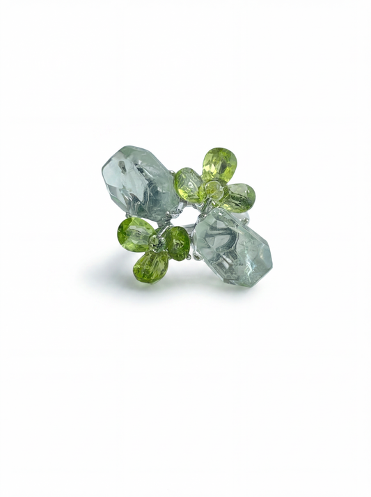 Peridot bloom and green quartz ring front view