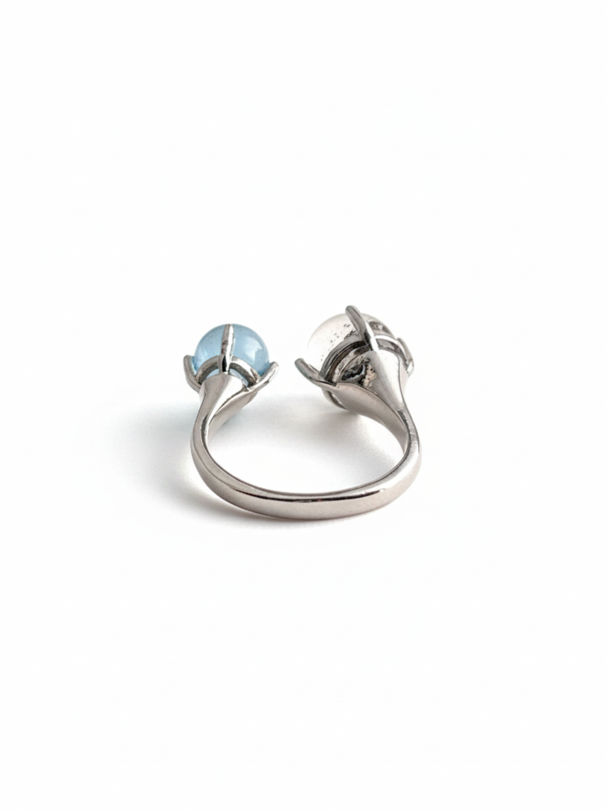 Back view of Phantom Quartz and Aquamarine sphere ring